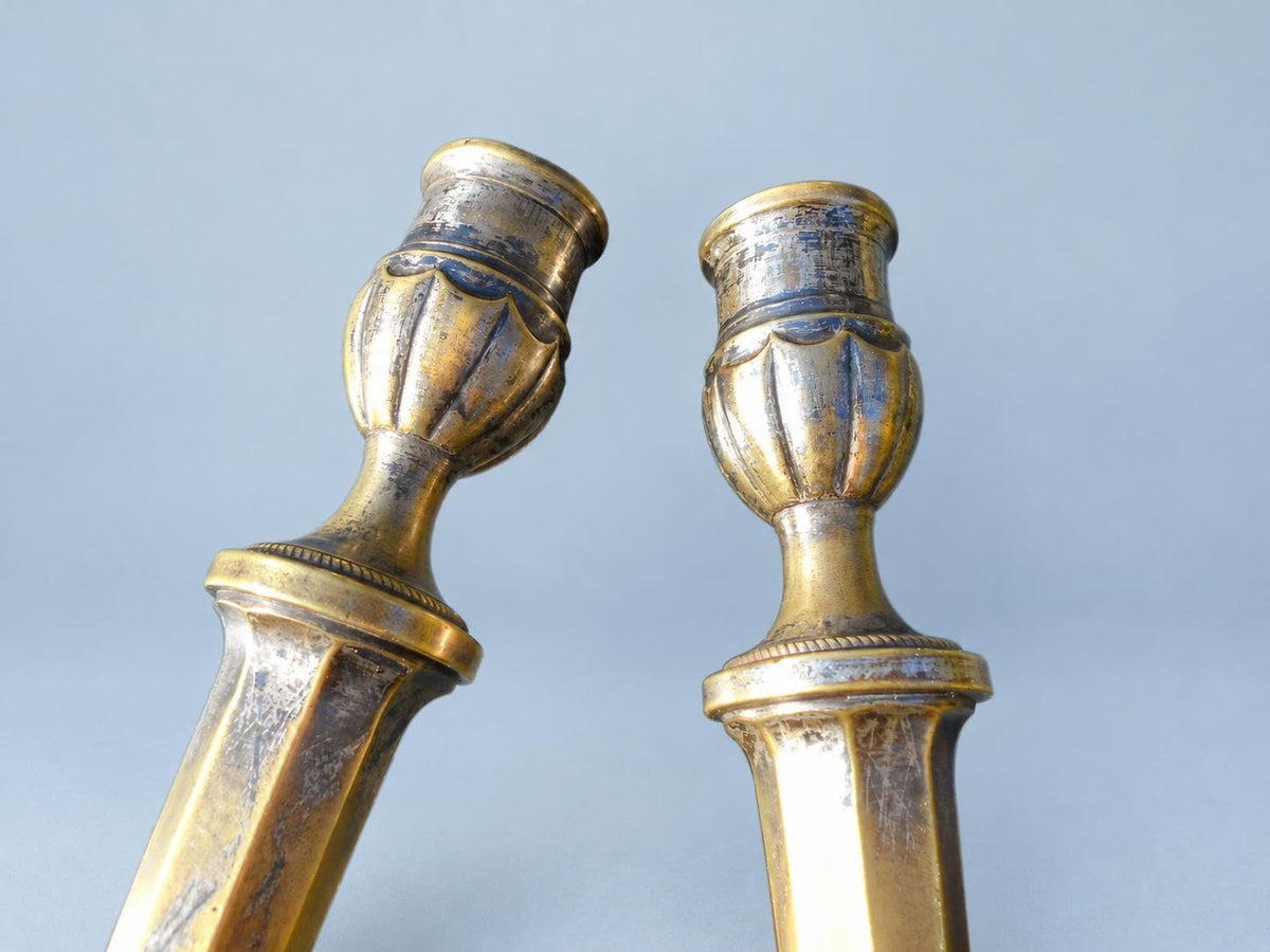 Vintage Pair of Empire Style Candlesticks, Attributed 19th Century, Patinated Metal with Traces of Silvering, Tapered Columns, 21.6 cm