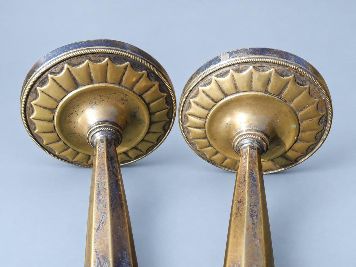 Vintage Pair of Empire Style Candlesticks, Attributed 19th Century, Patinated Metal with Traces of Silvering, Tapered Columns, 21.6 cm