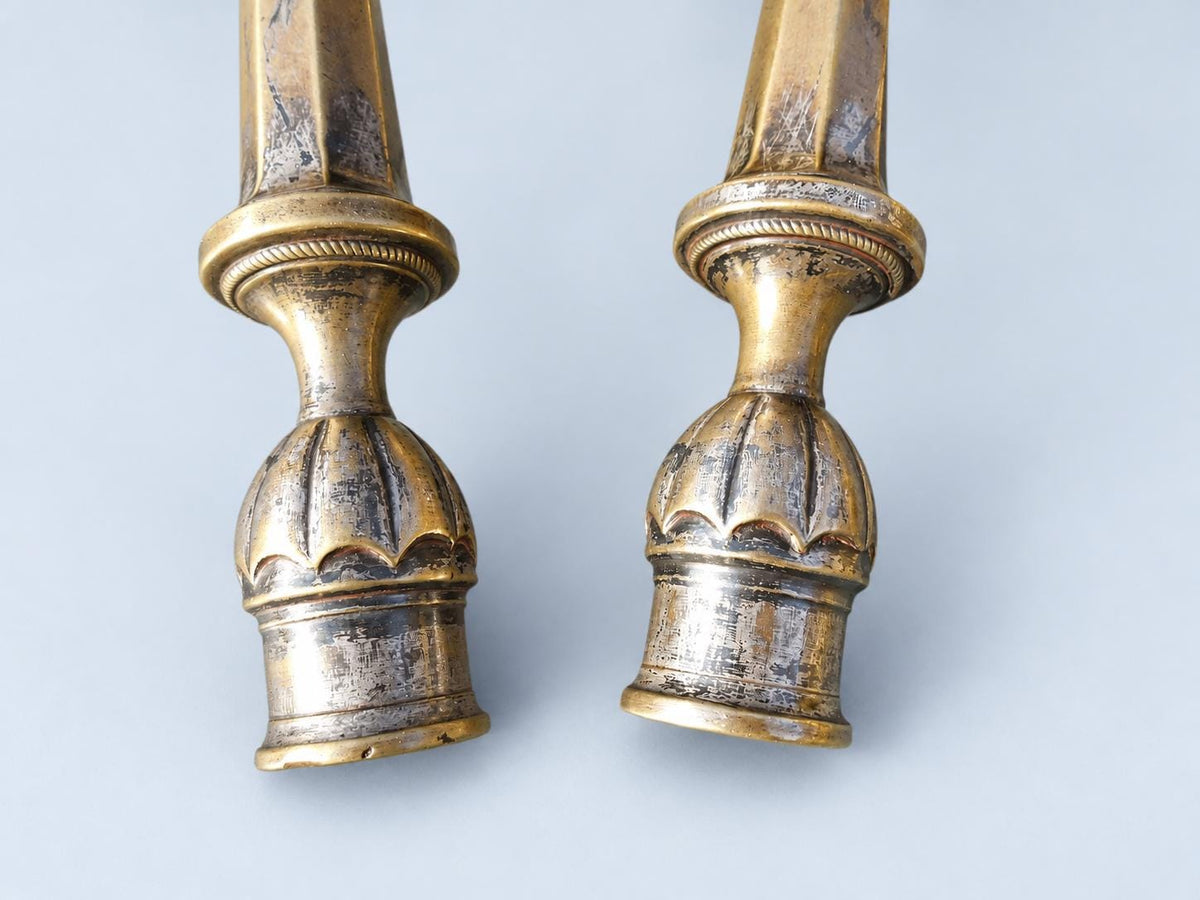 Vintage Pair of Empire Style Candlesticks, Attributed 19th Century, Patinated Metal with Traces of Silvering, Tapered Columns, 21.6 cm