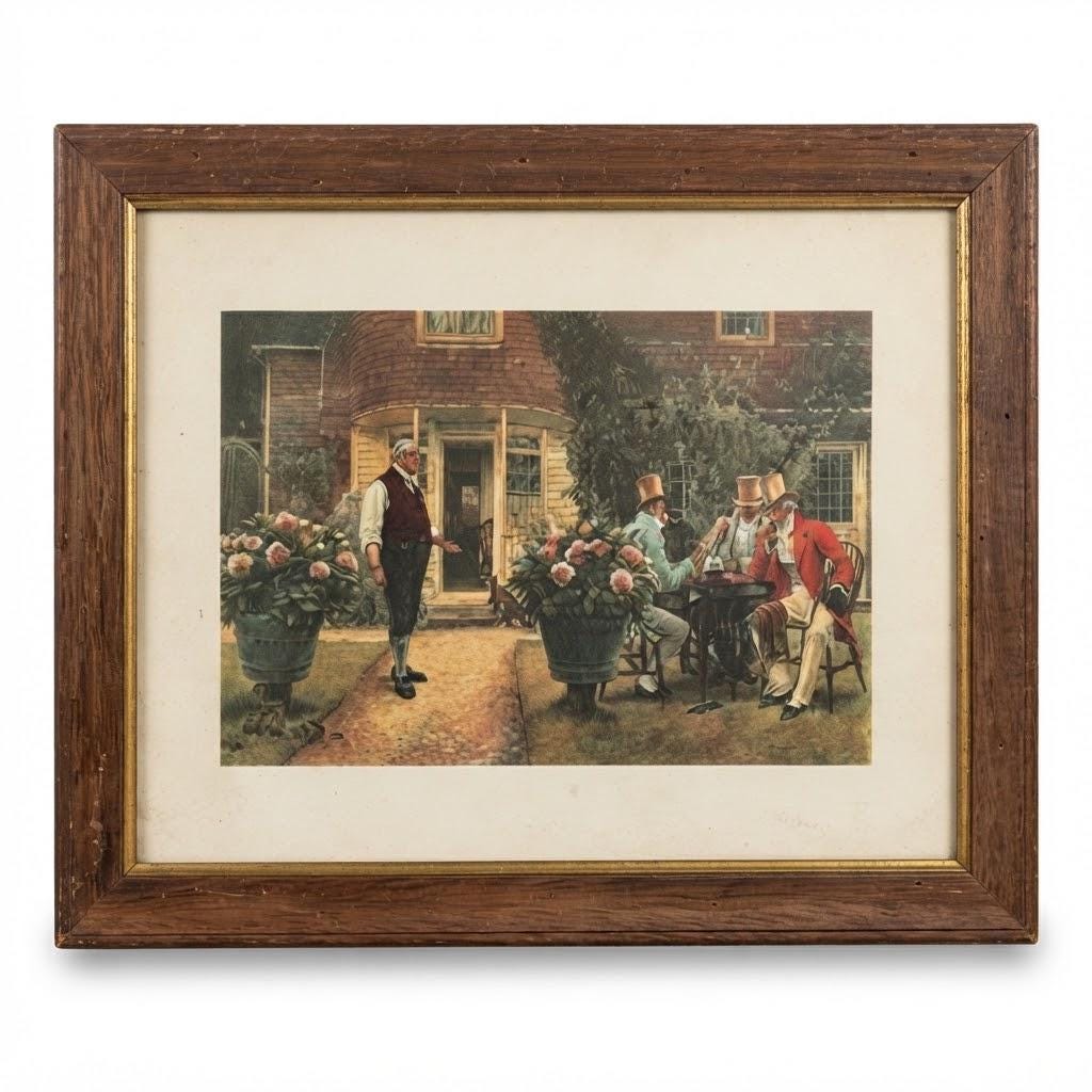 Vintage Framed Genre Scene Print, Gentlemen in Period Dress Outside a Country House, Wood Frame with Gilt Fillet, 37 cm