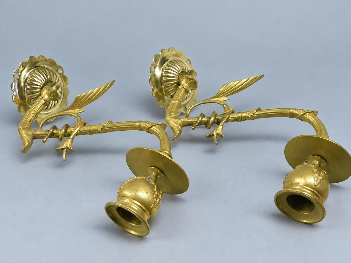 Vintage Pair of Swing-Arm Candle Sconces, Gilt Metal Faux-Bamboo Arms on Fluted Rosettes, Piano Style, 19 cm