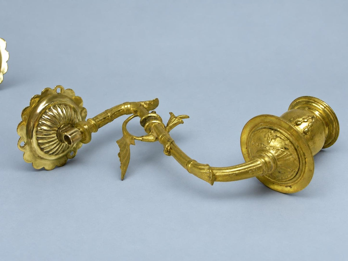 Vintage Pair of Swing-Arm Candle Sconces, Gilt Metal Faux-Bamboo Arms on Fluted Rosettes, Piano Style, 19 cm