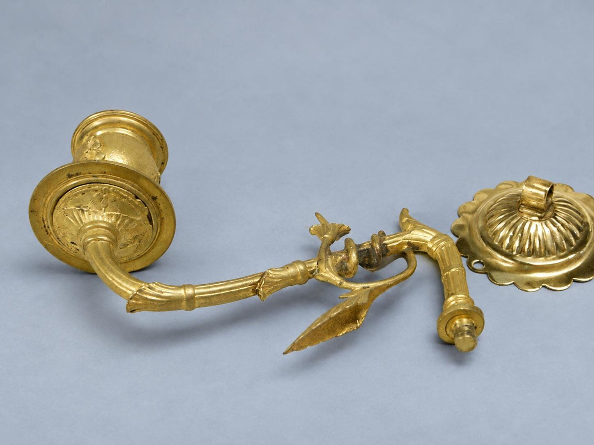 Vintage Pair of Swing-Arm Candle Sconces, Gilt Metal Faux-Bamboo Arms on Fluted Rosettes, Piano Style, 19 cm