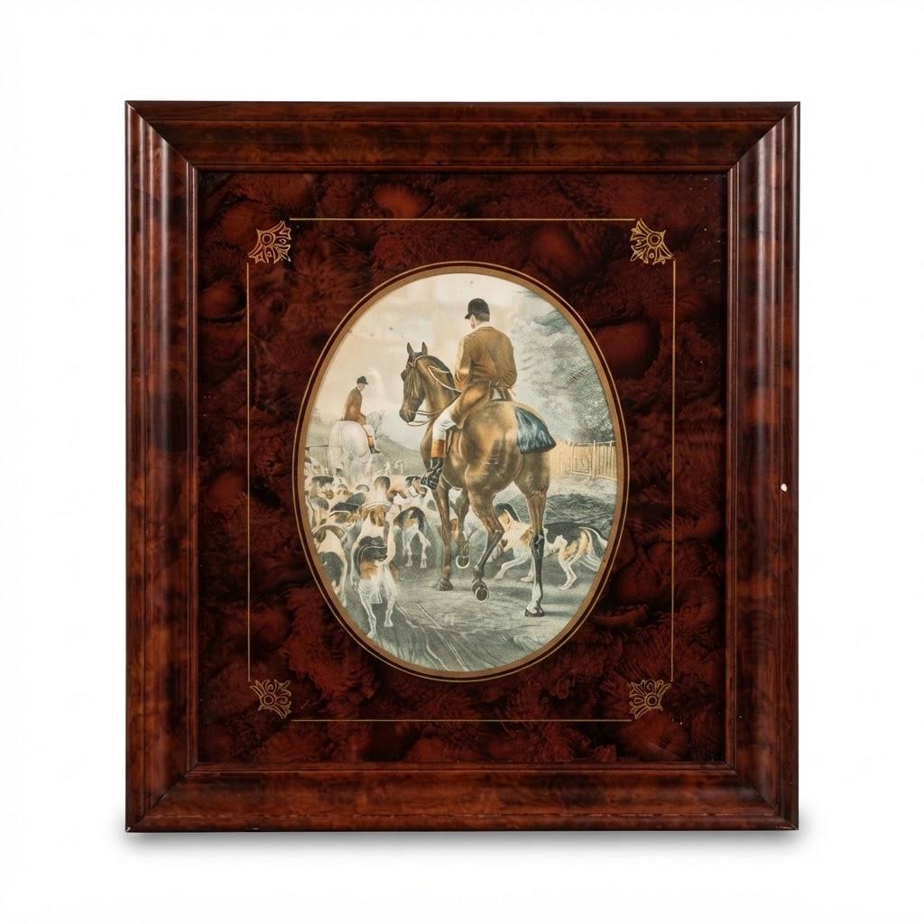 Vintage Framed Hunting Picture, Huntsman on Horseback with Hounds in Oval Mount, Burgundy Marbled Mat and Mahogany-Tone Frame, 41.5 cm