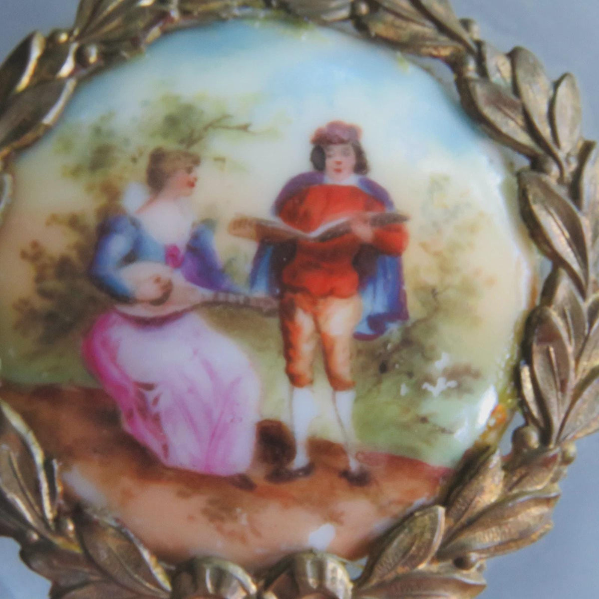 Vintage Glass Powder Box with Gilt Metal Mounts and Painted Porcelain Medallion Lid, Flower Garlands, Attributed Late 19th Century, 12 cm