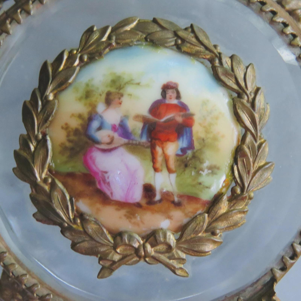 Vintage Glass Powder Box with Gilt Metal Mounts and Painted Porcelain Medallion Lid, Flower Garlands, Attributed Late 19th Century, 12 cm