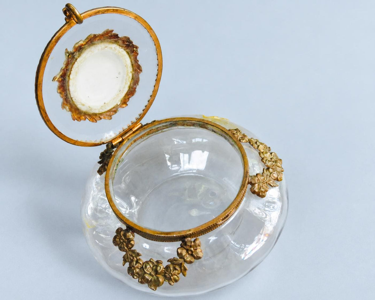 Vintage Glass Powder Box with Gilt Metal Mounts and Painted Porcelain Medallion Lid, Flower Garlands, Attributed Late 19th Century, 12 cm