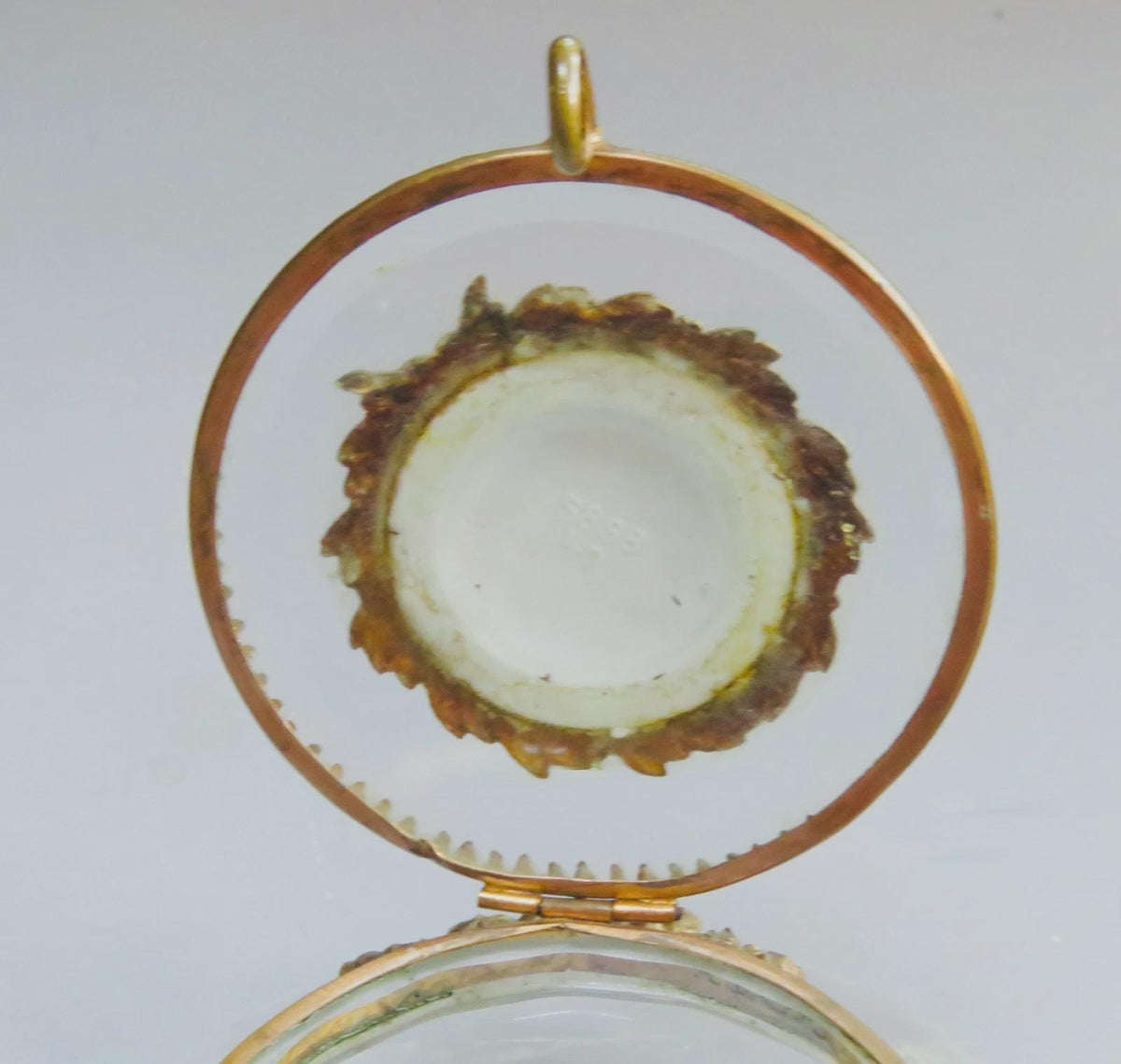Vintage Glass Powder Box with Gilt Metal Mounts and Painted Porcelain Medallion Lid, Flower Garlands, Attributed Late 19th Century, 12 cm