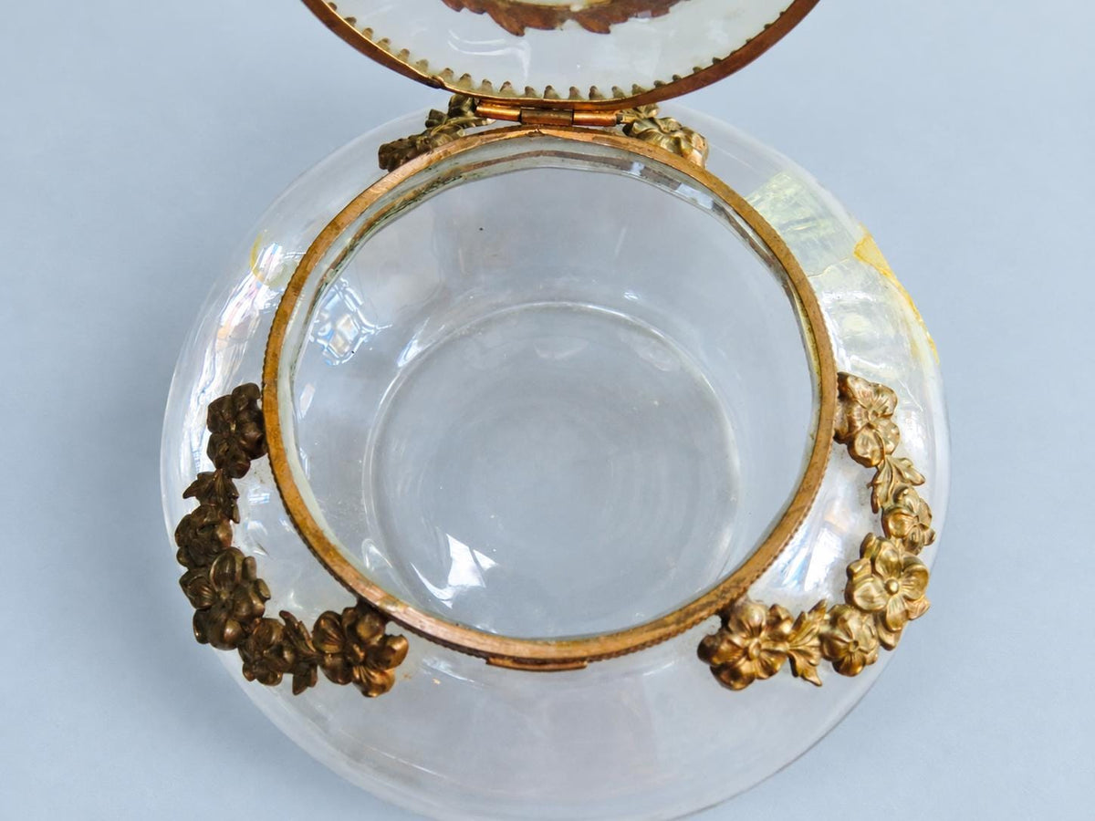 Vintage Glass Powder Box with Gilt Metal Mounts and Painted Porcelain Medallion Lid, Flower Garlands, Attributed Late 19th Century, 12 cm