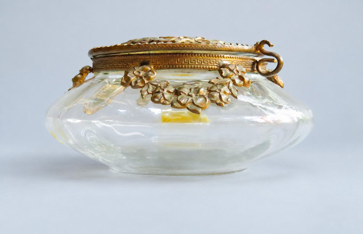 Vintage Glass Powder Box with Gilt Metal Mounts and Painted Porcelain Medallion Lid, Flower Garlands, Attributed Late 19th Century, 12 cm
