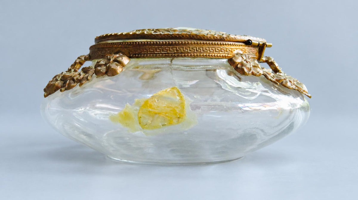 Vintage Glass Powder Box with Gilt Metal Mounts and Painted Porcelain Medallion Lid, Flower Garlands, Attributed Late 19th Century, 12 cm