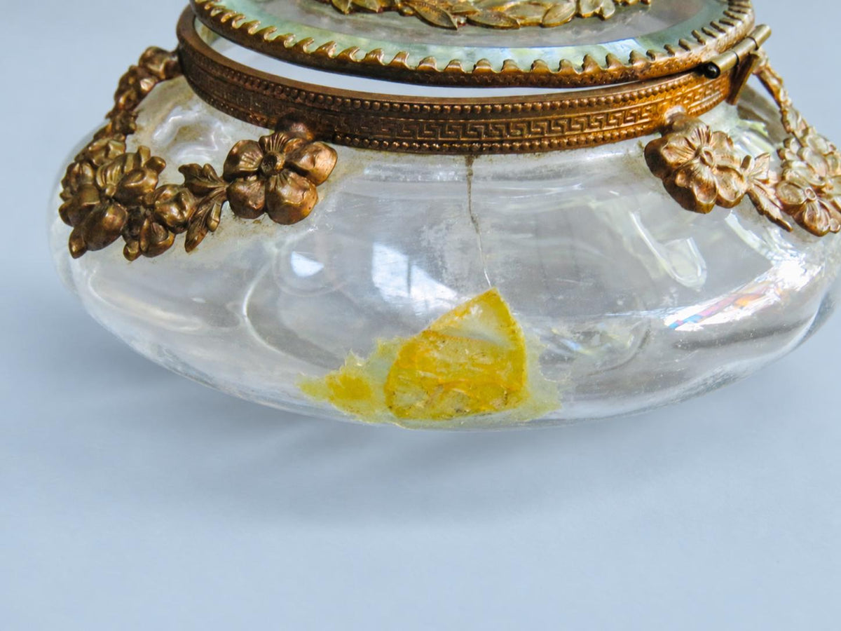 Vintage Glass Powder Box with Gilt Metal Mounts and Painted Porcelain Medallion Lid, Flower Garlands, Attributed Late 19th Century, 12 cm