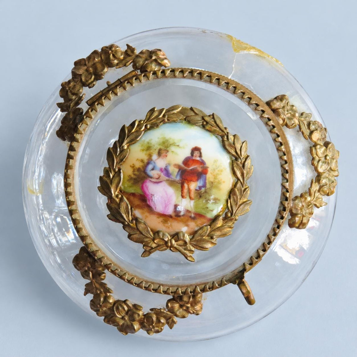 Vintage Glass Powder Box with Gilt Metal Mounts and Painted Porcelain Medallion Lid, Flower Garlands, Attributed Late 19th Century, 12 cm