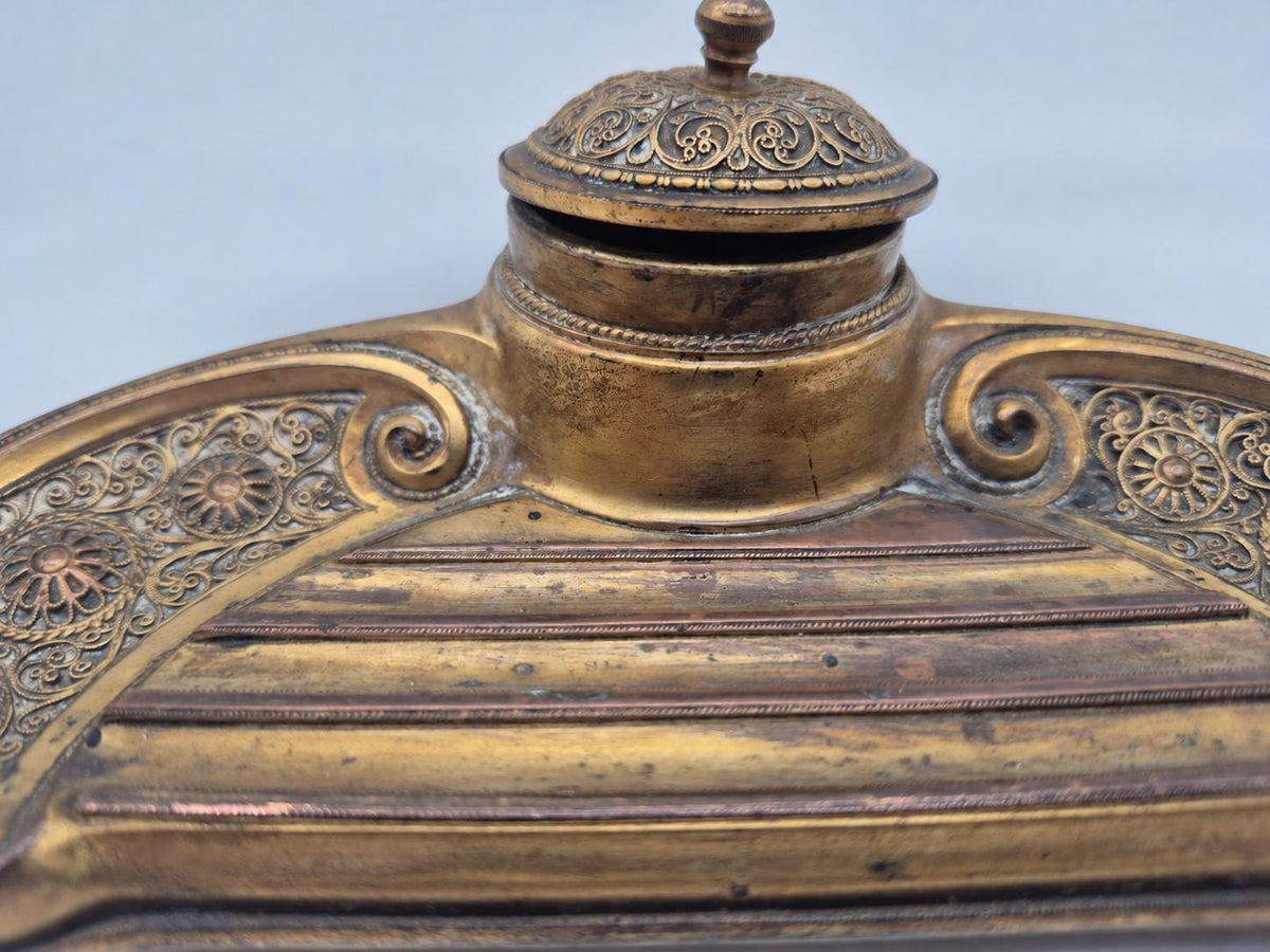 Vintage Art Nouveau Jugendstil Desk Inkwell, Gilt Metal Pen Tray with Filigree-Pattern Panels and Domed Lid, 20 cm