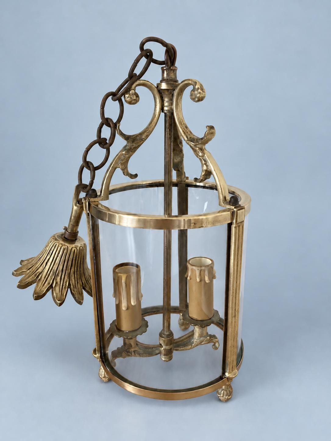 Vintage Louis XVI Style Hall Lantern, Gilt Metal with Three Curved Glass Panels, Fluted Uprights and Acanthus Arms, Two Lights, 30 cm