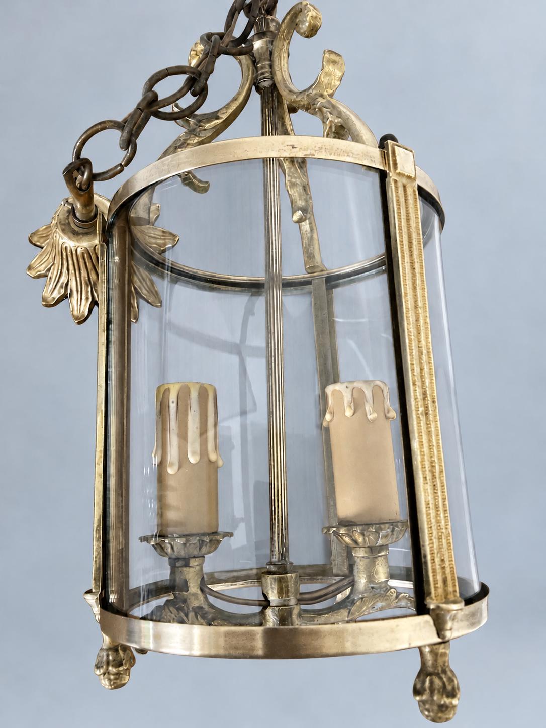 Vintage Louis XVI Style Hall Lantern, Gilt Metal with Three Curved Glass Panels, Fluted Uprights and Acanthus Arms, Two Lights, 30 cm