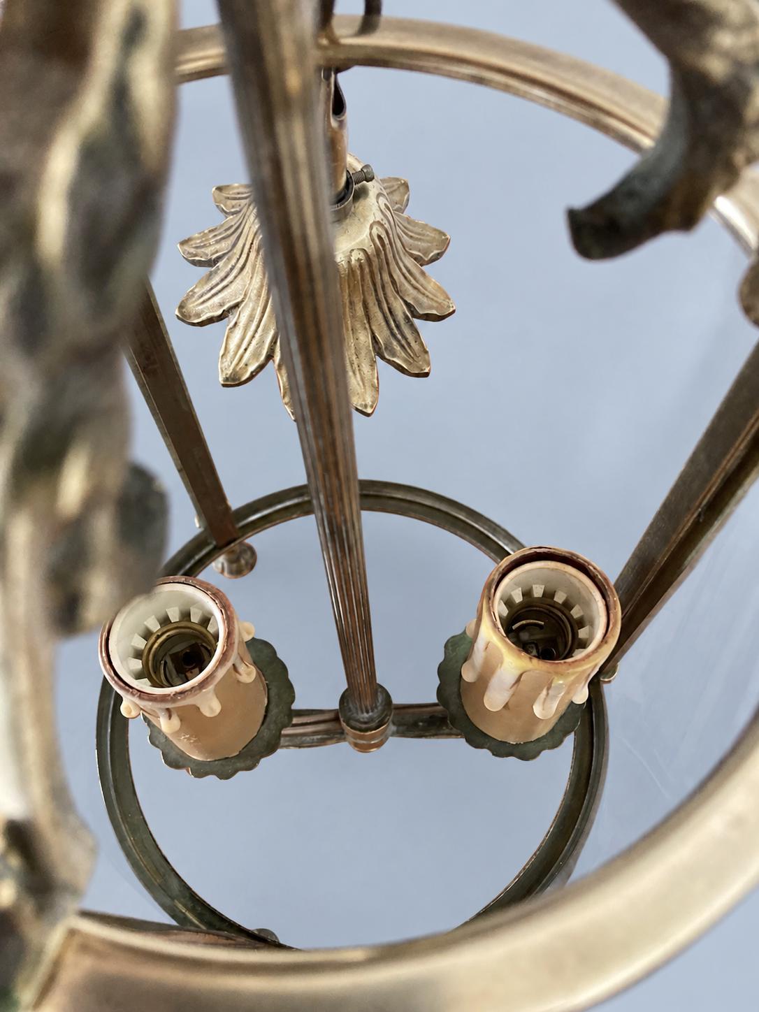 Vintage Louis XVI Style Hall Lantern, Gilt Metal with Three Curved Glass Panels, Fluted Uprights and Acanthus Arms, Two Lights, 30 cm