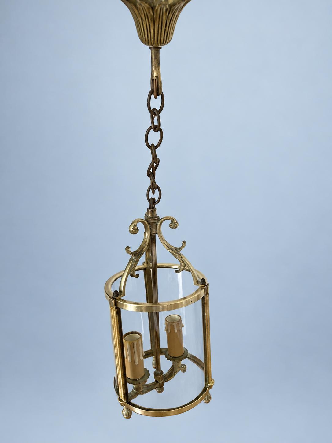 Vintage Louis XVI Style Hall Lantern, Gilt Metal with Three Curved Glass Panels, Fluted Uprights and Acanthus Arms, Two Lights, 30 cm