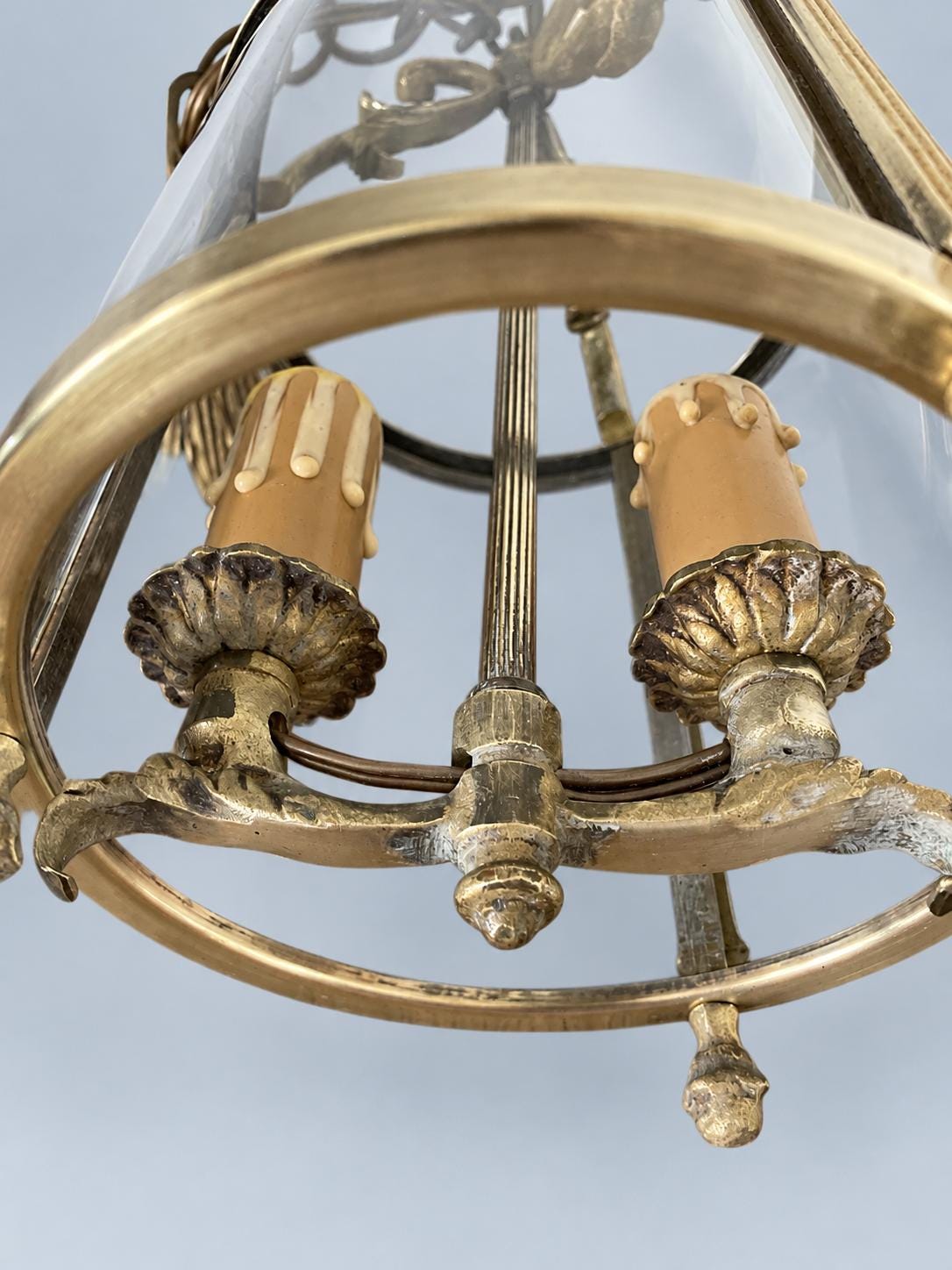 Vintage Louis XVI Style Hall Lantern, Gilt Metal with Three Curved Glass Panels, Fluted Uprights and Acanthus Arms, Two Lights, 30 cm