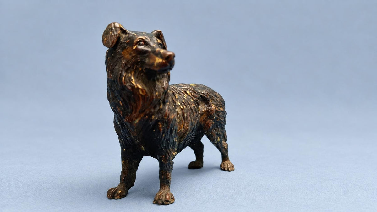 Vintage Cold-Painted Metal Dog Figure in the Viennese Tradition, Long-Coated Dog Turning Its Head, Attributed Late 19th–Early 20th Century