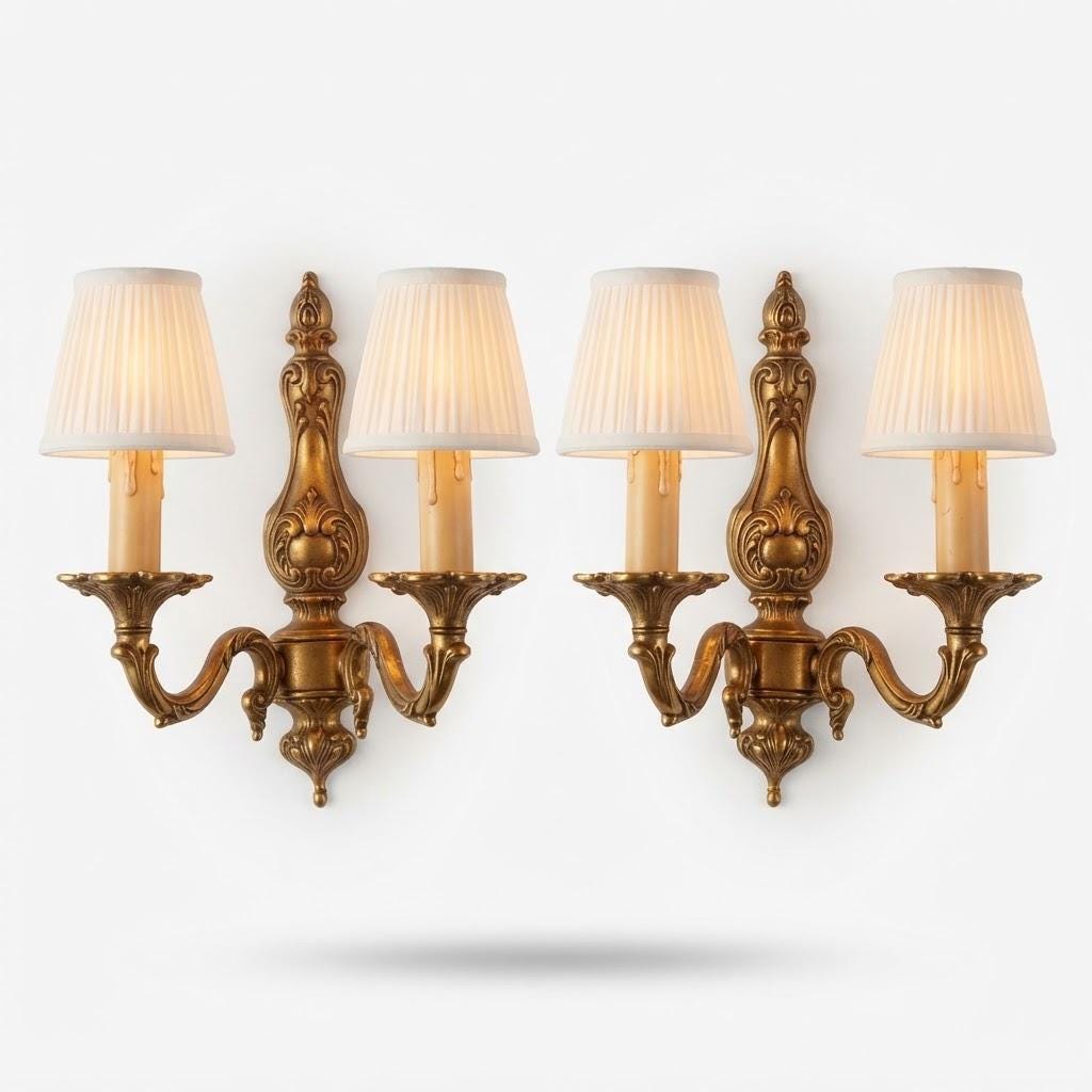 Pair of Vintage Louis XV Style Gilt Metal Wall Sconces, Two Scroll Arms, Leaf Cups and Candle Sleeves