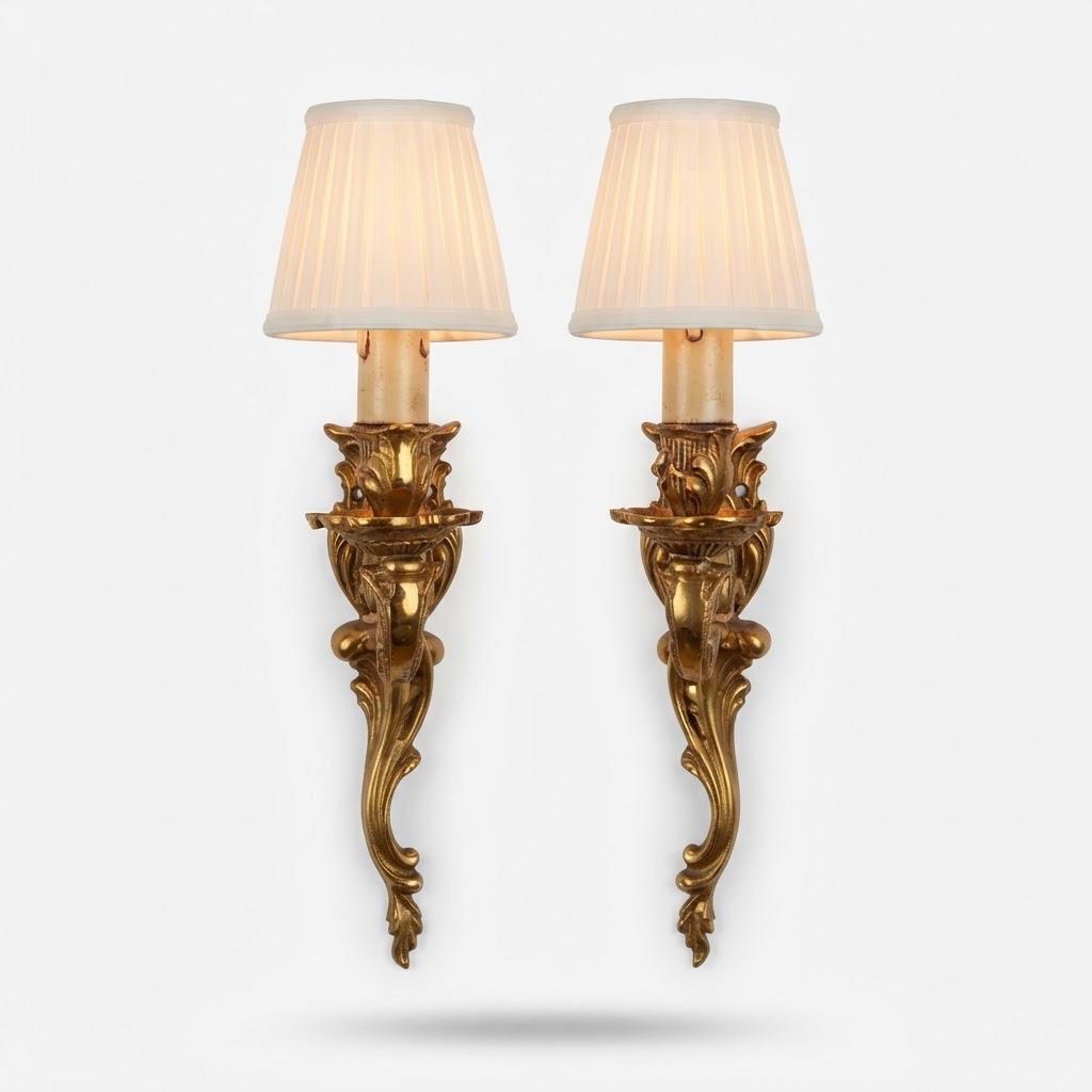 Vintage Pair of Louis XV Style Single-Light Wall Sconces, Gilt Metal Scrolls and Shell Bobèches, Candle Lights, 25 cm