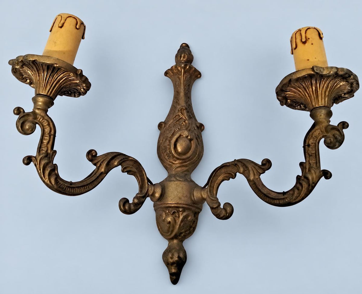 Vintage Pair of Louis XV Style Wall Sconces, Patinated Metal Acanthus Scroll Arms with Cartouche Backplates, Two Lights Each, 29 cm