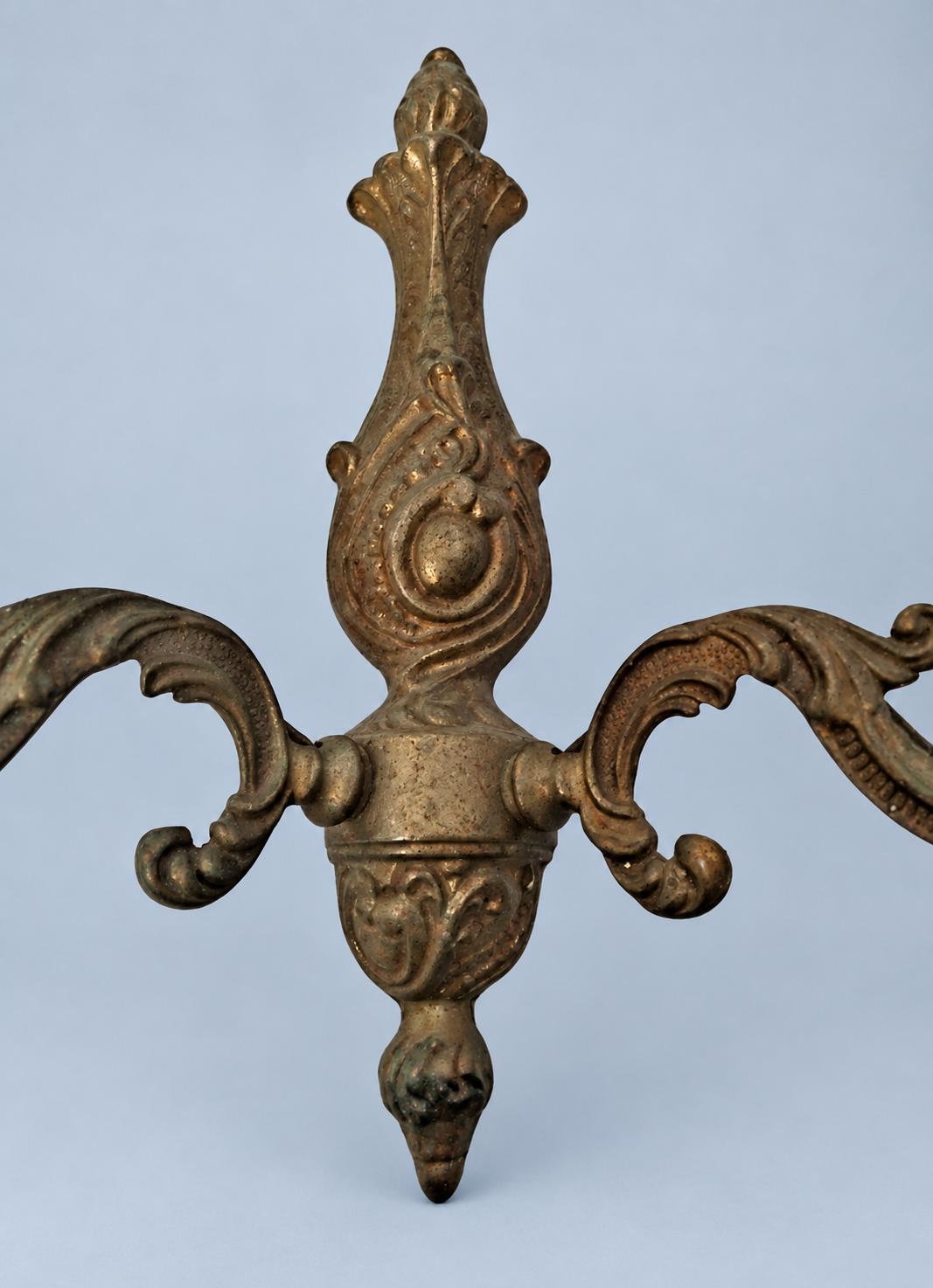 Vintage Pair of Louis XV Style Wall Sconces, Patinated Metal Acanthus Scroll Arms with Cartouche Backplates, Two Lights Each, 29 cm