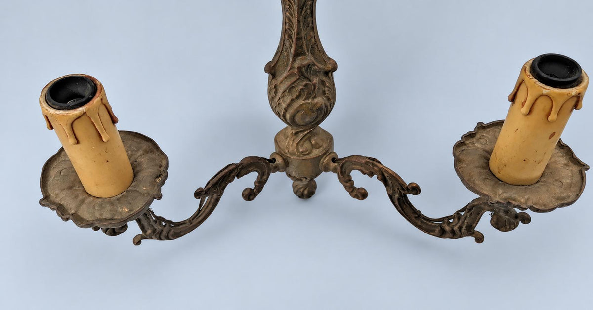 Vintage Pair of Louis XV Style Wall Sconces, Patinated Metal Acanthus Scroll Arms with Cartouche Backplates, Two Lights Each, 29 cm