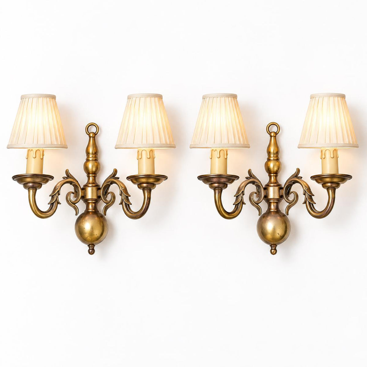 Vintage Pair of Dutch Style Wall Sconces, Gilt Metal Ball Body with Dragon-Head Scroll Arms, Two Candle Lights Each