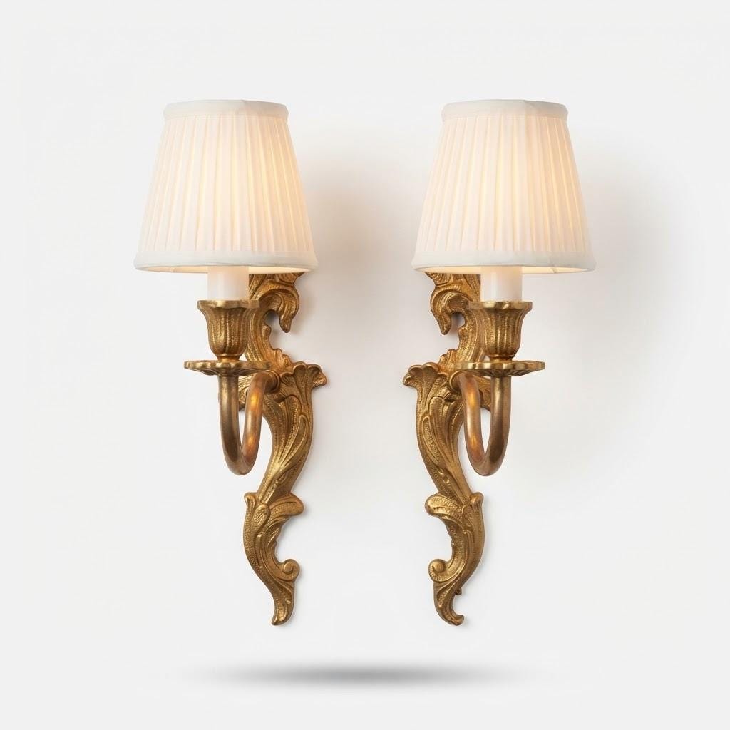Vintage Pair of Rococo Louis XV Style Single-Light Wall Sconces, Gilt Metal Acanthus Scrolls, Candle Lights, 22 cm