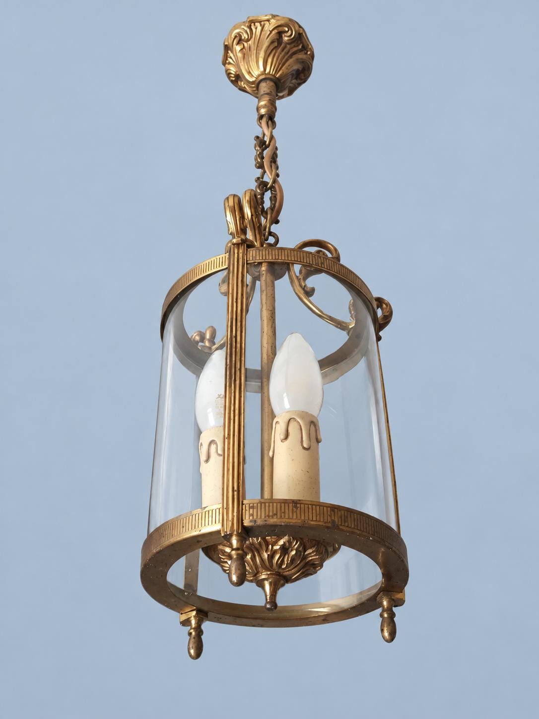 Vintage Hall Lantern, Attributed 1960s–70s, Gilt Metal Cylinder with Curved Glass, Reeded Uprights and Acorn Drops, Two Lights, 30 cm