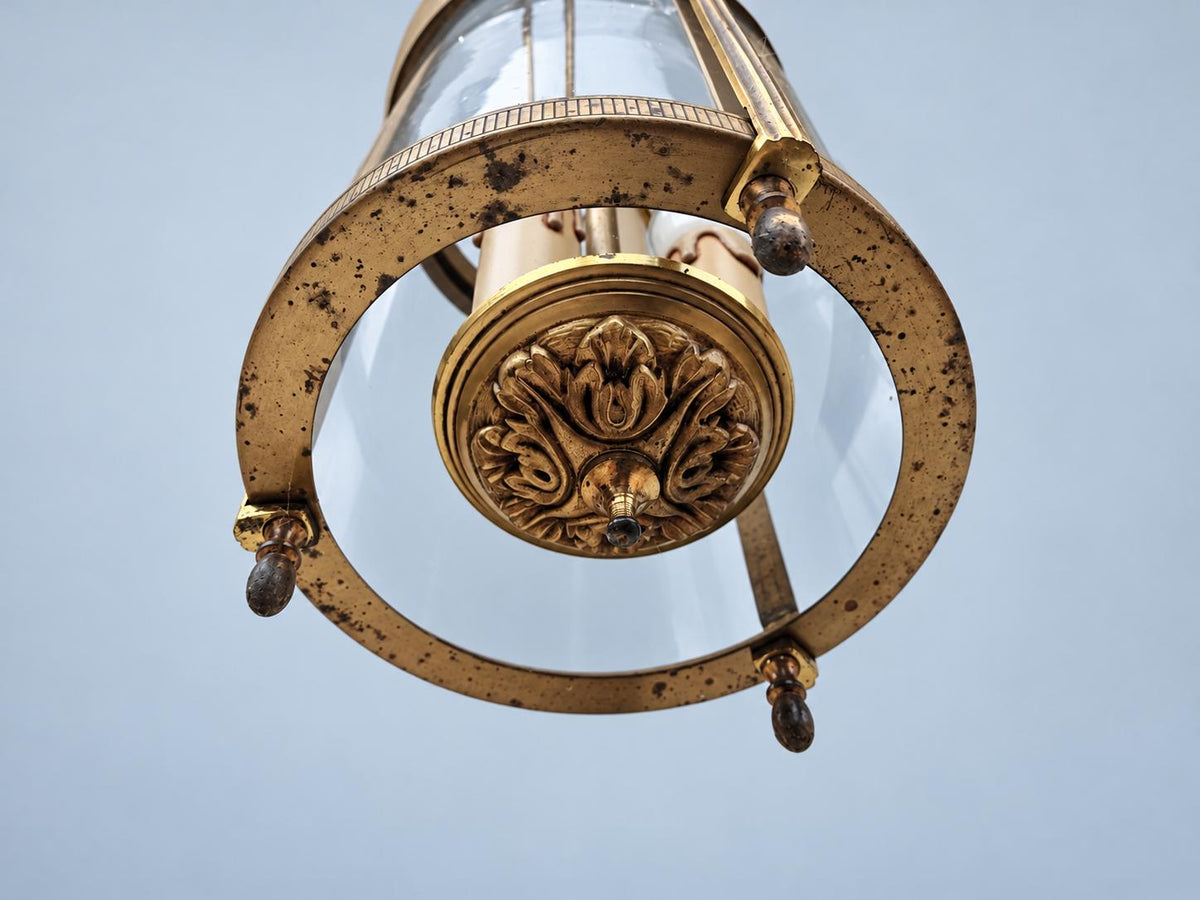 Vintage Hall Lantern, Attributed 1960s–70s, Gilt Metal Cylinder with Curved Glass, Reeded Uprights and Acorn Drops, Two Lights, 30 cm