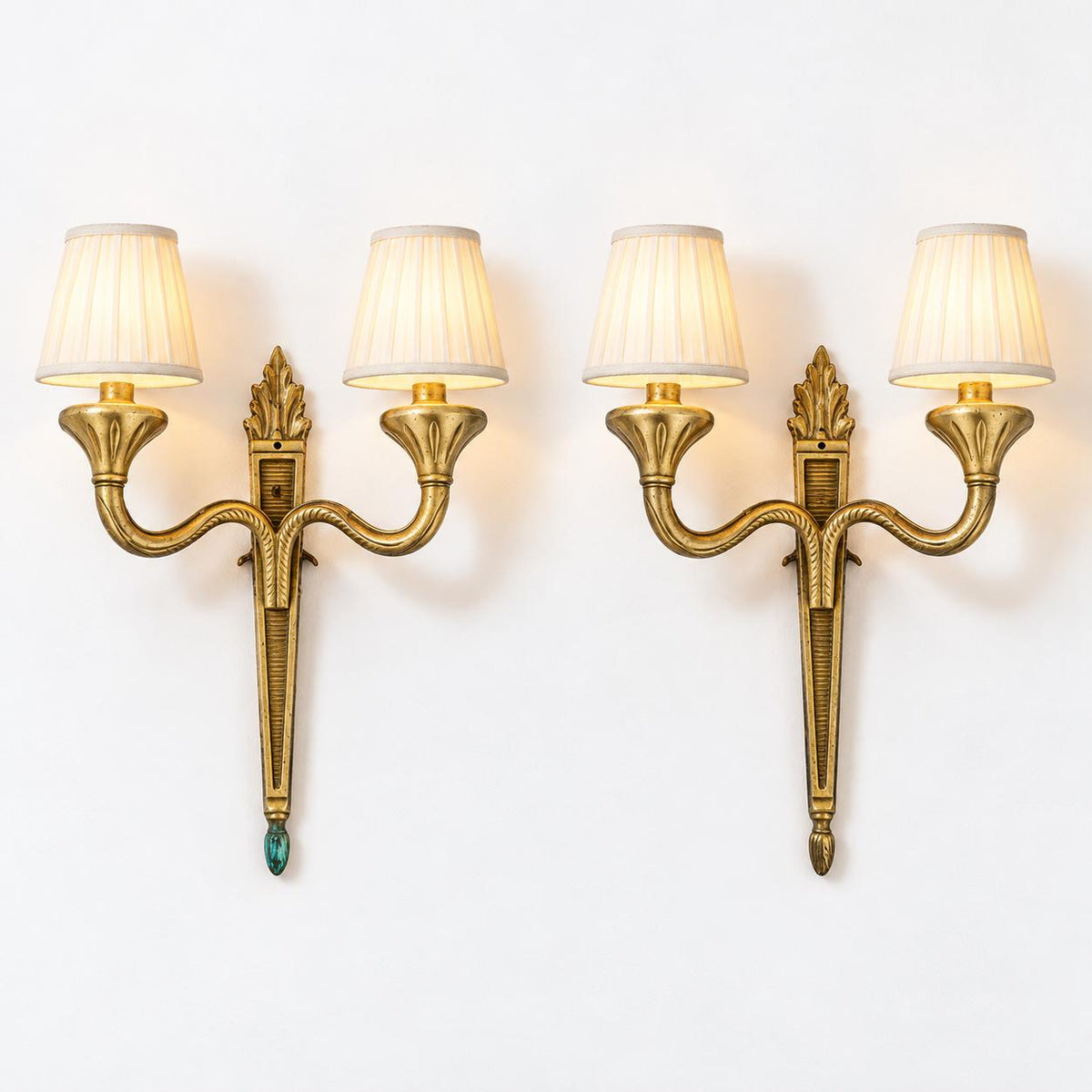 Vintage Pair of Louis XVI Style Wall Sconces, Tapering Fluted Backplates with Rope-Twist Arms, Two Lights Each, 25 cm