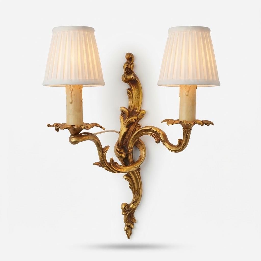 Vintage Louis XV Style Gilt Metal Wall Sconce, Rocaille Scrolls with Two Candle Lights, 38 cm