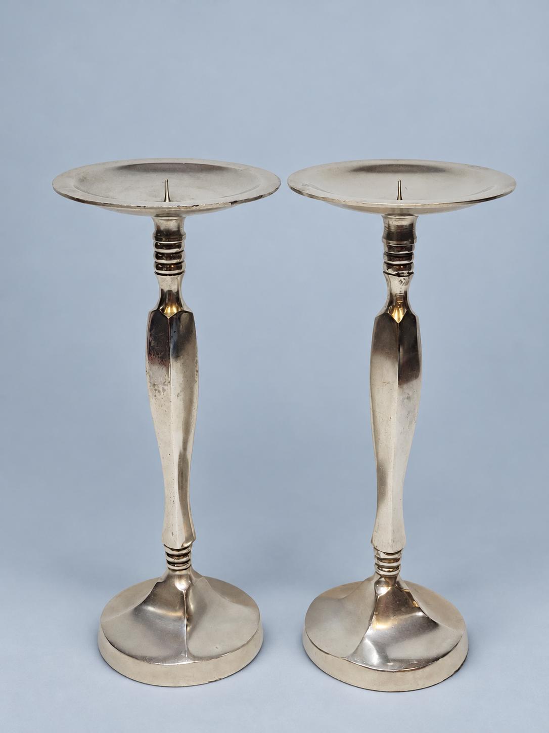 Vintage Pair of Tall Pricket Candlesticks, Silver-Tone Metal with Faceted Columns and Ringed Collars, Pillar Candle Holders, 28 cm