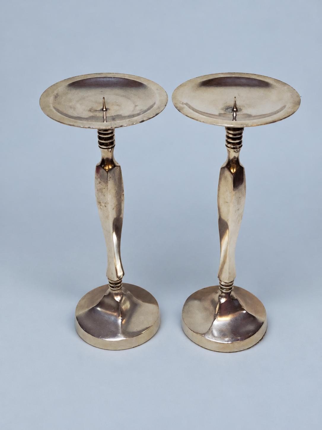 Vintage Pair of Tall Pricket Candlesticks, Silver-Tone Metal with Faceted Columns and Ringed Collars, Pillar Candle Holders, 28 cm