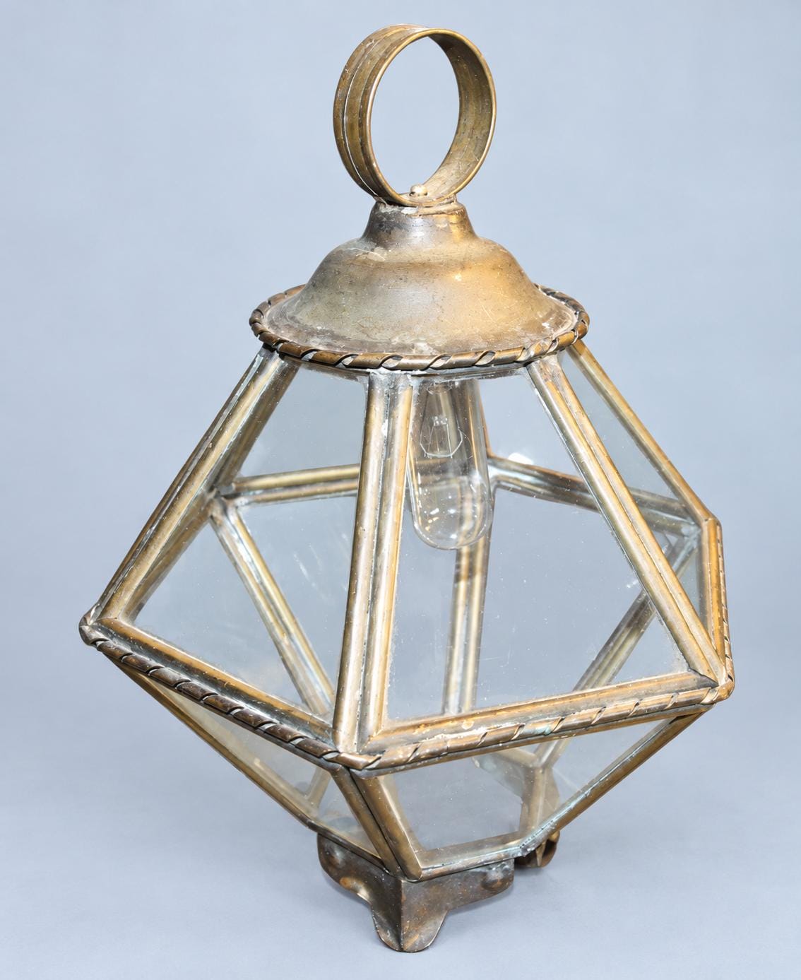 Vintage Small Hexagonal Brass Hall Lantern, Faceted Glass Diamond Shape with Rope-Twist Borders, Single Light, 32 cm