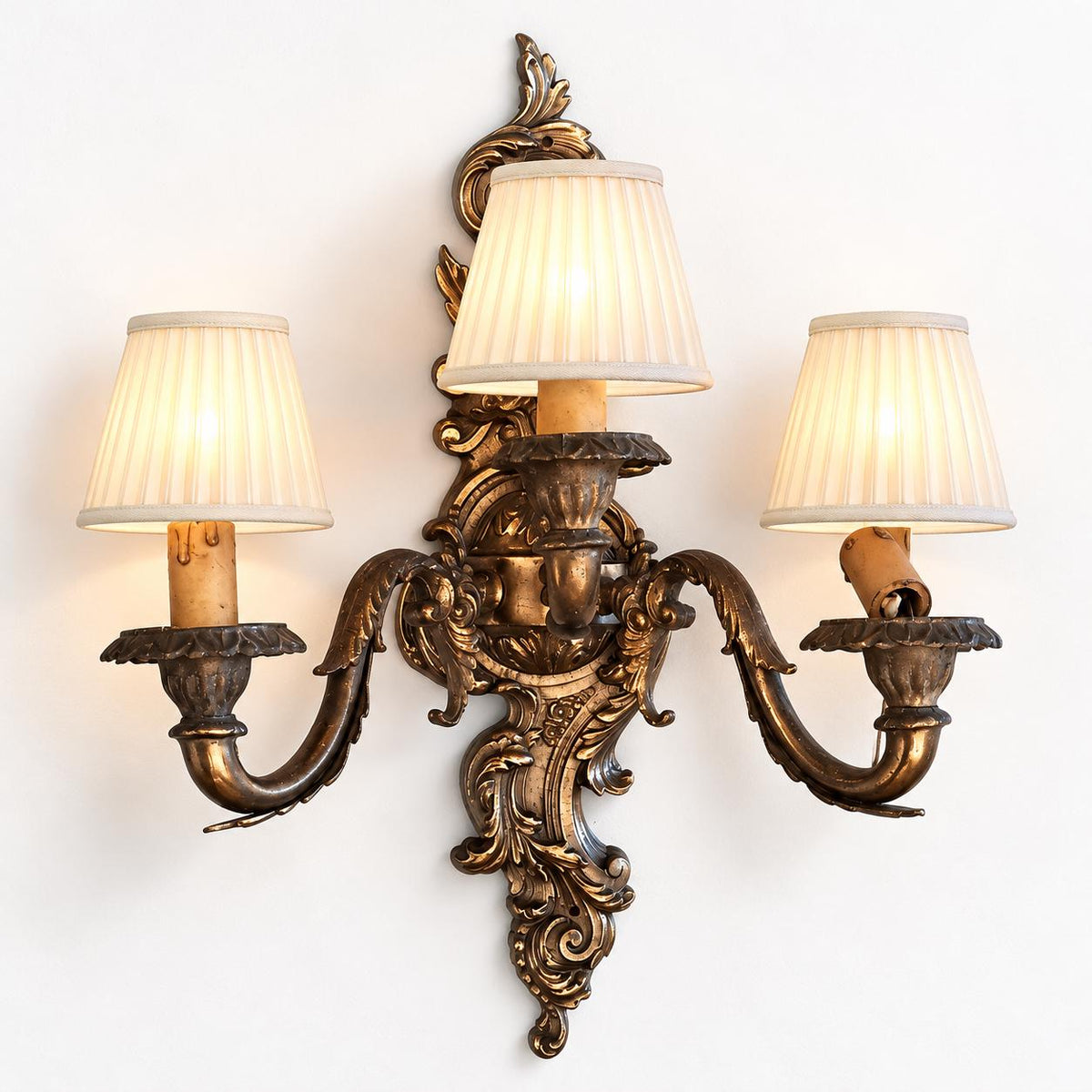 Vintage Three-Light Rococo Style Wall Sconce, Gilt Metal Cartouche Backplate with Scrolled Arms, Candle Lights, 40 cm