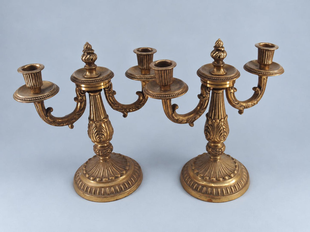 Vintage Pair of Louis XVI Style Two-Light Candelabra, Gold-Tone Metal with Flame Finials and Acanthus Stems, 25 cm