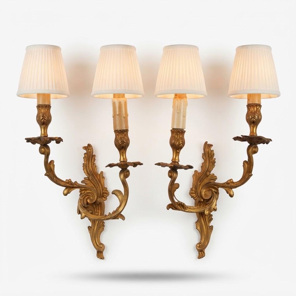 Vintage Mirror-Image Pair of Louis XV Rocaille Style Wall Sconces, Attributed 19th Century, Gilt Metal Acanthus, Two Candle Lights Each
