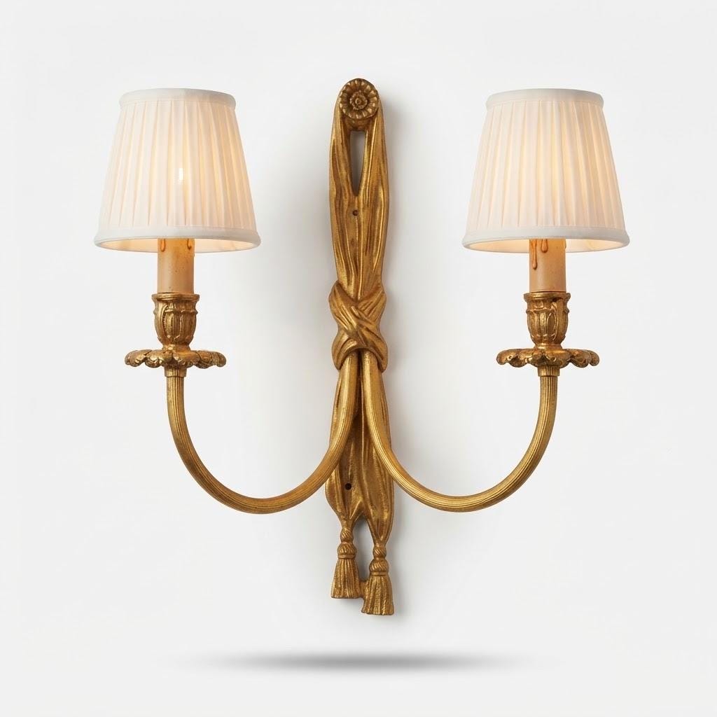 Vintage Louis XVI Style Wall Sconce with Knotted Drapery and Tassels, Gilt Metal, Two Candle Lights, 45 cm