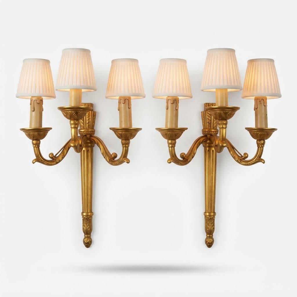 Vintage Pair of Empire Style Quiver and Arrow Wall Sconces, Gilt Metal, Three Candle Lights Each, 34 cm