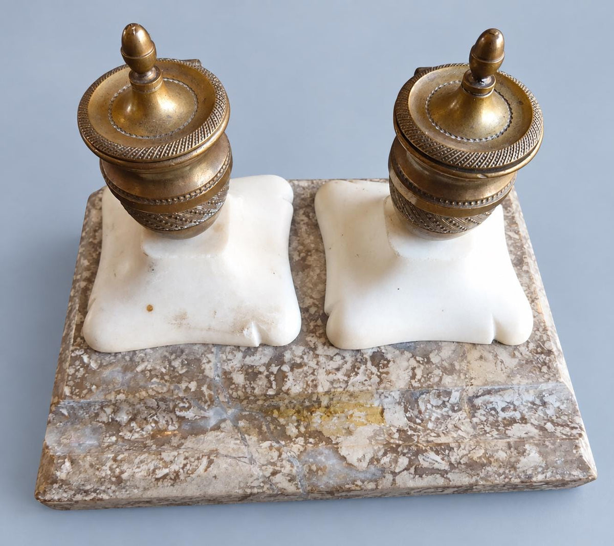 Vintage Empire Style Double Inkstand, Two Gilt Metal Urn Inkwells on Speckled Marble Base, Attributed 19th Century, 14 cm
