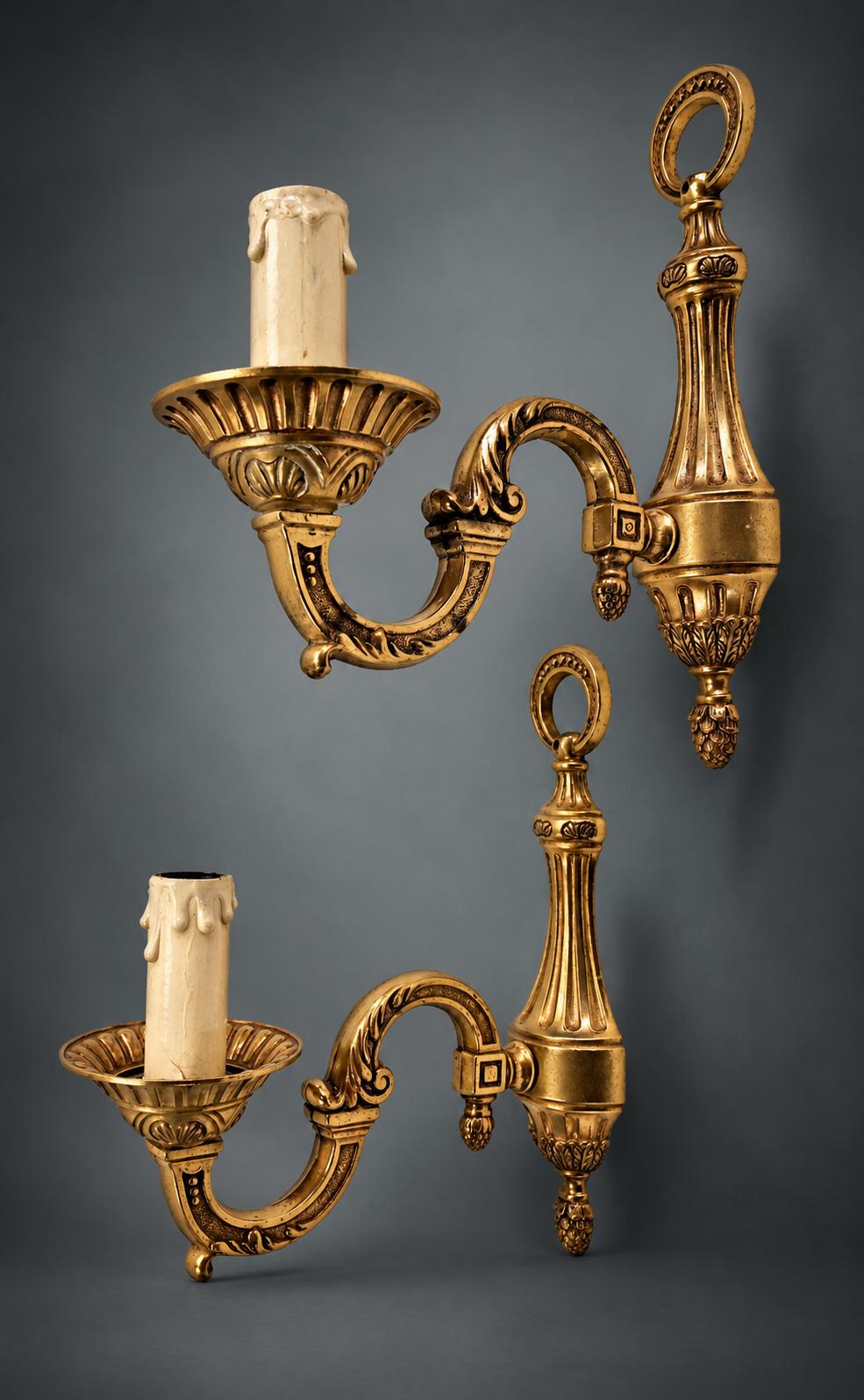 Pair of Louis XVI Style Single-Arm Wall Sconces, Gilt Metal with Acanthus Scroll Arms and Pine Cone Finials