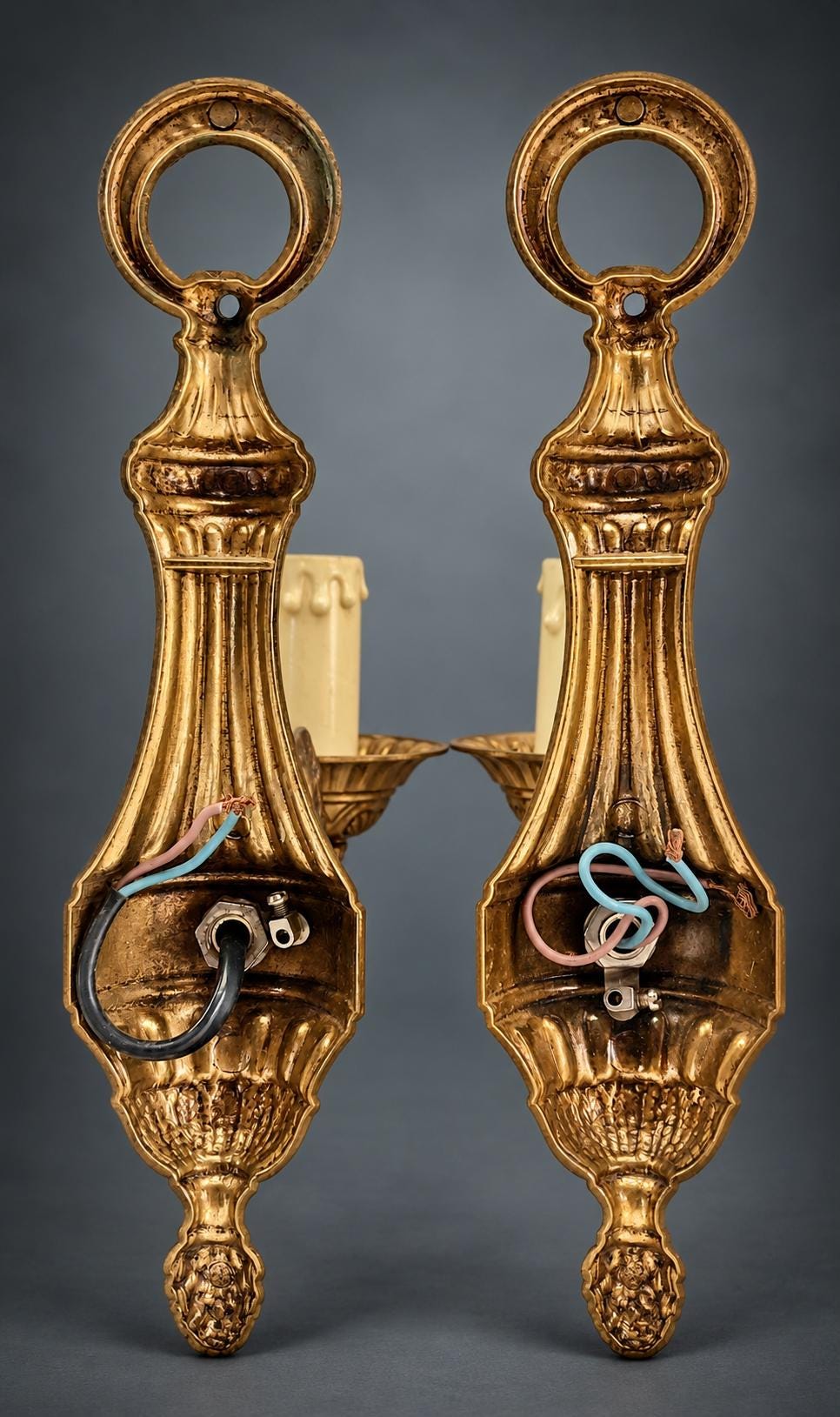 Pair of Louis XVI Style Single-Arm Wall Sconces, Gilt Metal with Acanthus Scroll Arms and Pine Cone Finials
