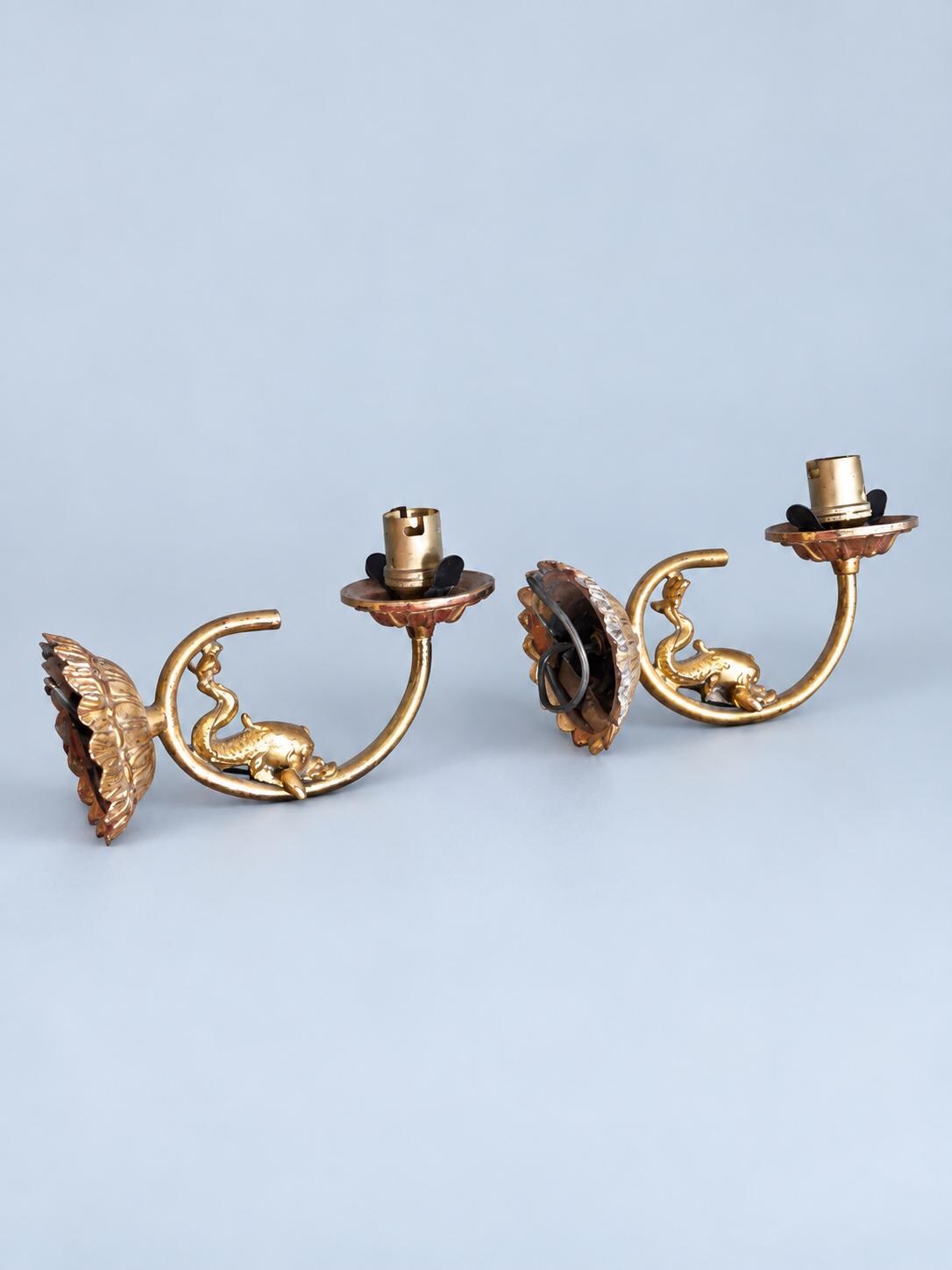 Vintage Pair of Gilt Metal Wall Sconces, Attributed 20th Century, Fluted Rosette Backplates and Leafy Arms, Shade-Holder Prongs