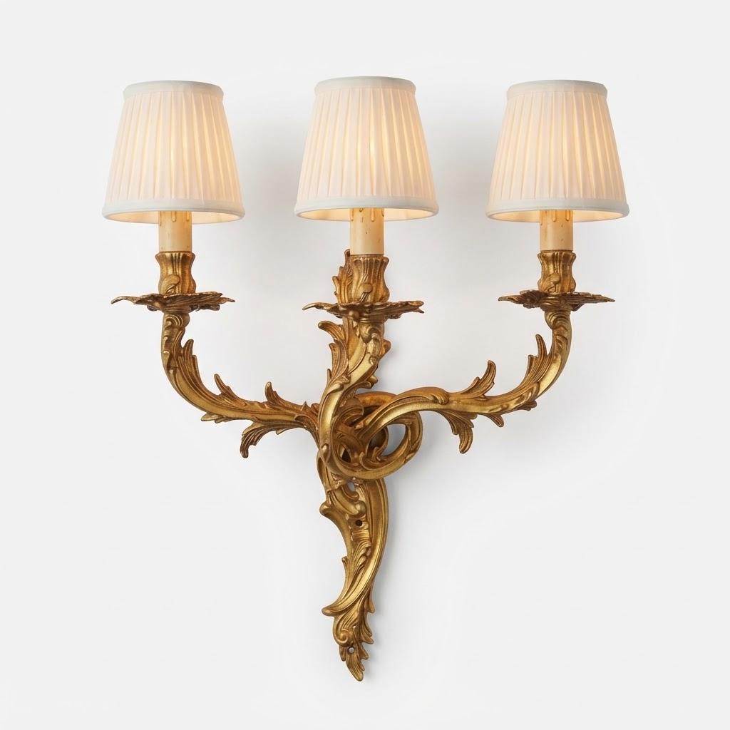 Vintage Three-Light Rococo Style Wall Sconce, Gilt Metal Acanthus Scrolls, Candle Lights, 40 × 40 cm