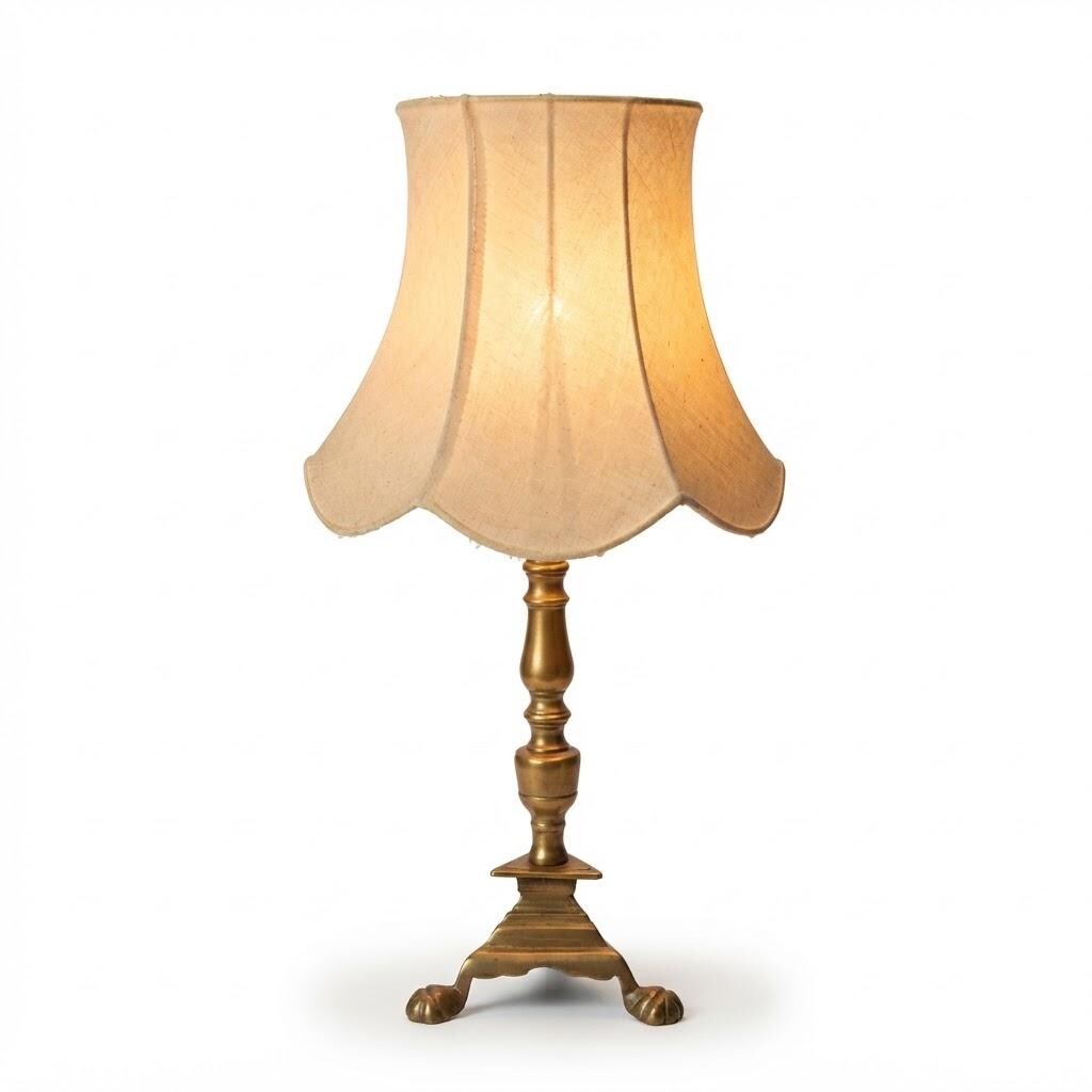 Vintage Gilt Metal Table Lamp on Paw Feet, Turned Baluster Stem with Scalloped Fabric Bell Shade, 35 cm