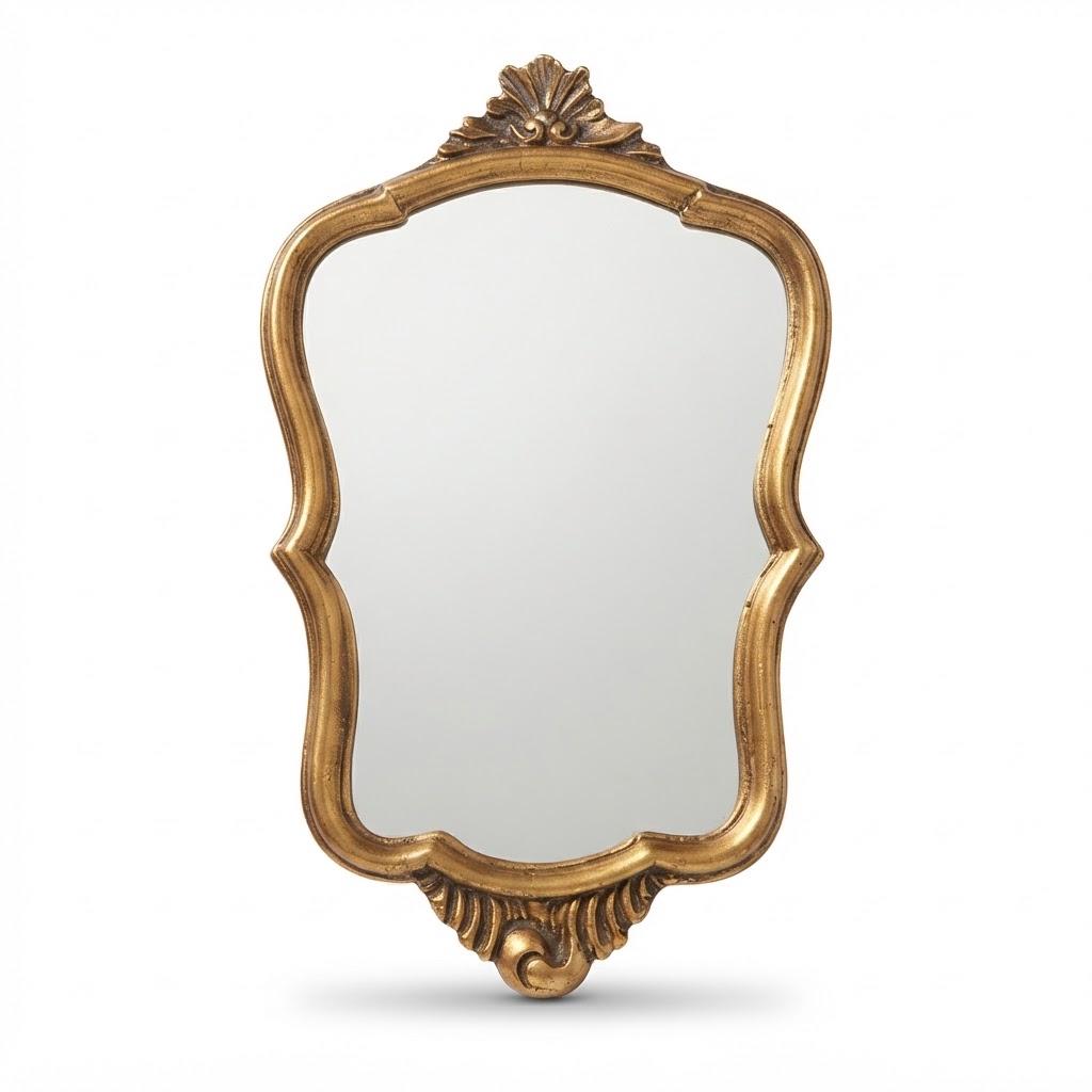 Vintage Small Rococo Style Wall Mirror, Shaped Gold-Tone Frame with Shell Crest and Patina, 37 × 25 cm
